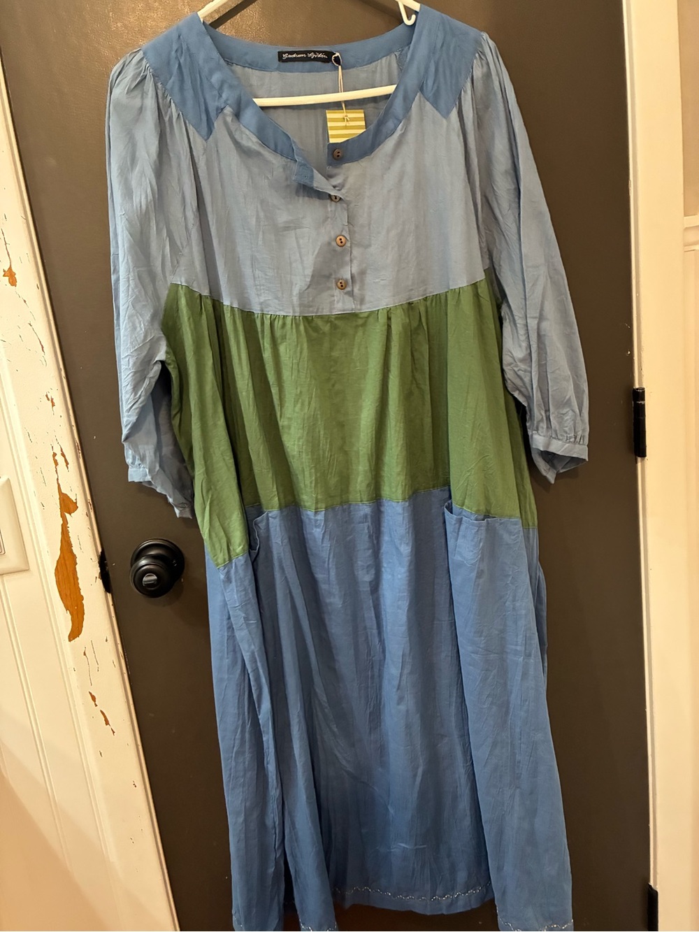 Gudruns Light Blue and Olive Green Colorblock Maxi Dress